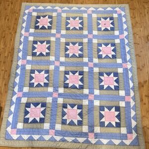 Vintage Handmade Patchwork Star Quilt Throw 58x48" Hand Stitched Baby Pink /blue
